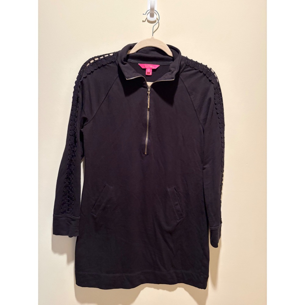 Lilly Pulitzer Black Quarter Zip Dress Crochet Lace Sleeve Bamboo Pull Small